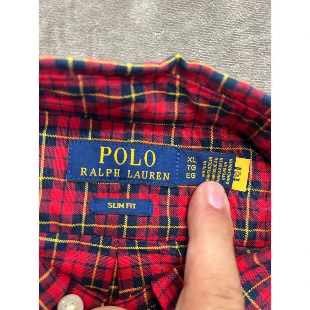 Polo Ralph Lauren Mens Slim Fit Plaid Button Down‎ Shirt Red Navy XL 4694